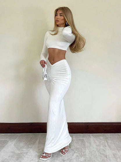 Elegant White Long Sleeve 2 Piece Set Outfits for Women Club Party Top and Dress Sets Long Ruched Matching Sets