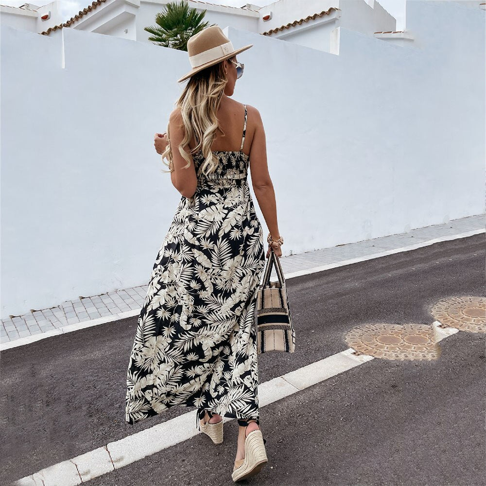 Summer Casual Loose Bohemian Beach Vacation Maxi Dress For Women Fashion Print Sexy Deep V-neck Backless Spaghetti Sundress