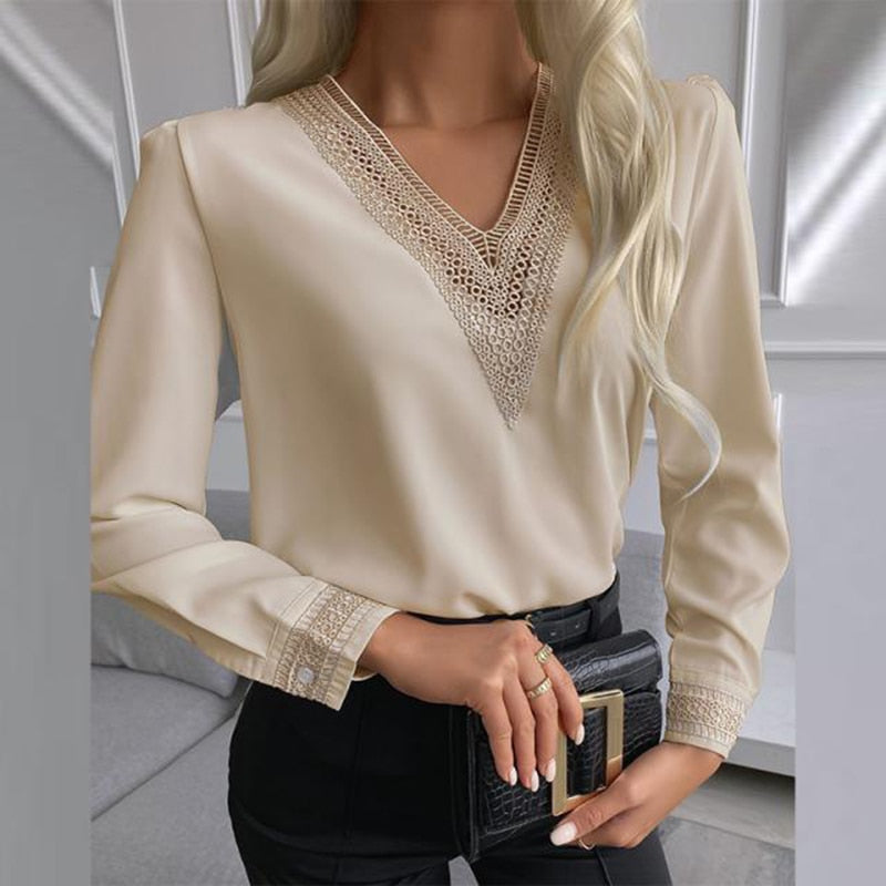 -Fall Outfits Long Sleeve Top  Christmas Gift Women Office Lady Lace Patchwork Slim Blouse Long Sleeve Sexy Deep V Neck High Street Shirt  Autumn New Fashion Women Tops