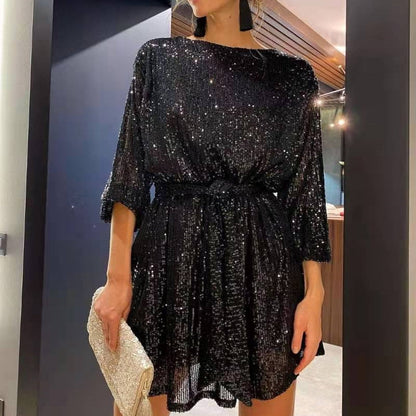 vmtvr - Autumn Winter Elegant Solid Sequin Party Dress Women Casual Long Sleeve A-Line Dress Lady Fashion Shiny Loose Mini Dress Vestido