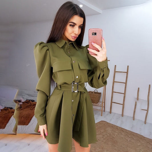 Women Casual Puff Sleeve Belt A Line Party Dress Long Sleeve Turn Down Collar Office Lady Fashion Autumn Winter Mini Dress