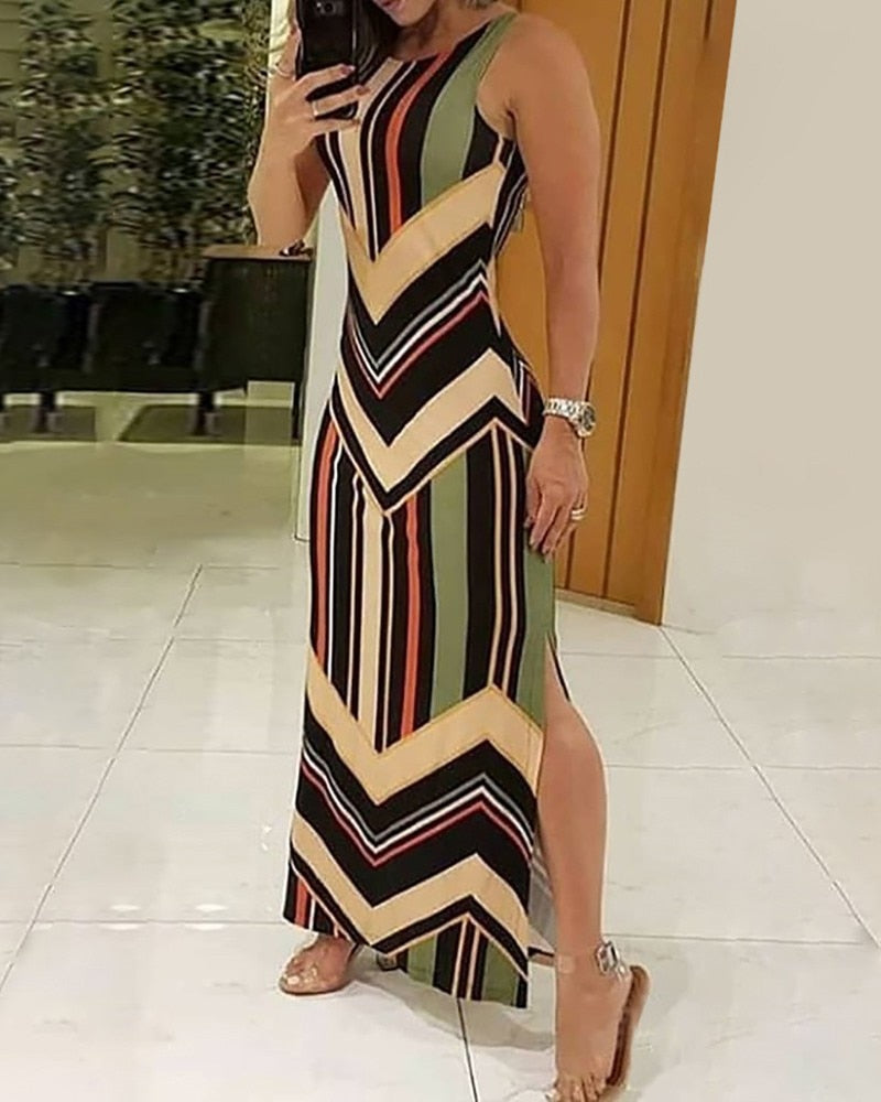 vmtvr - Colorful Striped Print Side Slit Maxi Dress Women Colorblock Sleeveless Slim Long Dresses