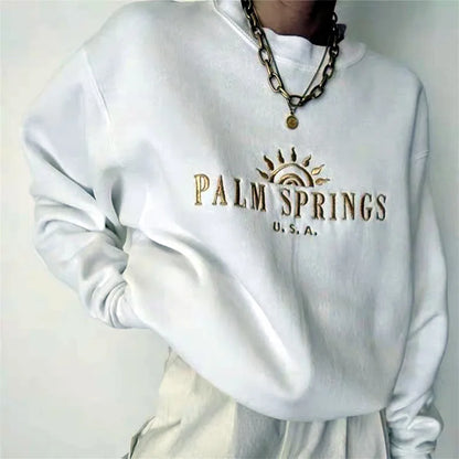 -Retro sports style outfit streetwear 90s fashion Calelinka American Vintage Palm Springs Letters Embroidery Printed White Cotton Sweatshirts Round Neck Vintage Women Ins Jumpers