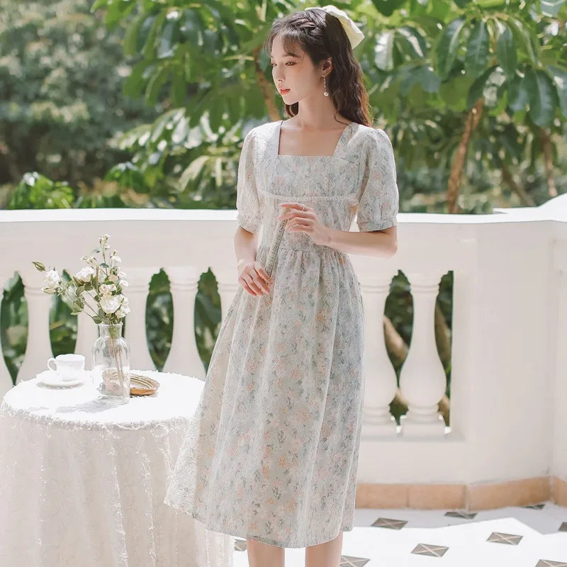 vmtvr French Puff Sleeve Fairy Dress Women Vintage Sweet Party Floral Long Dress Female Summer Chiffon Korean Bandage Dresses New