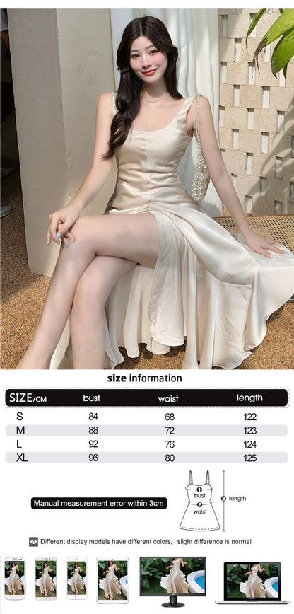 vmtvr Korean Summer Satin Elegant Women Dress Casual Sexy Tank Backless Ruffle Split Maxi Party Lady Robe Femme Beach Mujer Vestidos