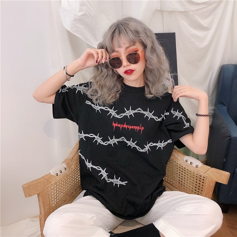 Loose Short Sleeve Unisex Tees Couple Clothes Grunge Tumblr Tops Bf Harajuku Women's T-Shirts Thorns Pattern Streetwear T Shirt