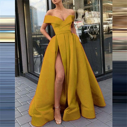 Women Sexy V Neck Long Party Dress Solid Elegant Sleeveless High Slit Dress Lady Fashion Off Shoulder Pleated Maxi Dress Vestido