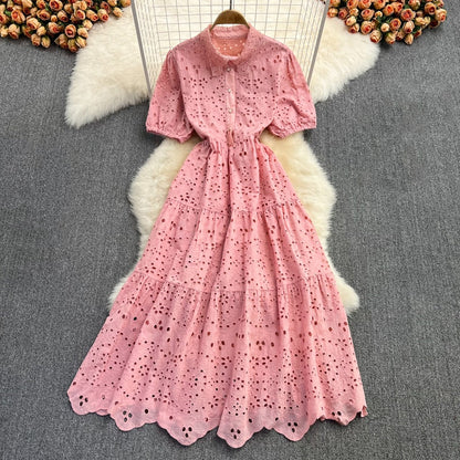 Vintage Elegant Women Summer Embroidery Hollow Out Midi Long Dresses Lady Boho A Line Vestidos Elbise Frocks Vestidos Za