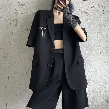 vmtvr Black Gothic Women Thin Blazers Summer Short Sleeve Fashion Button Up Long Jacket High Street Korean Female Coats  New