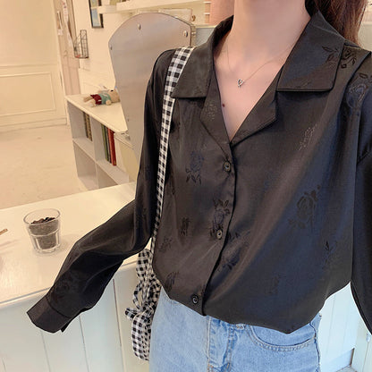 -Fall Outfits Long Sleeve Top  Vintage Button Up Blouses Women Single Breasted Turn-Down Collar Long Sleeve Solid Tops  Summer Fashion New Shirts