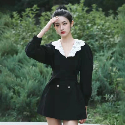 vmtvr Puff Sleeve Black Party Dress Women Lace Patchwork Blazer Mini Dress with Belt French Double Breasted Winter Dress Sweet