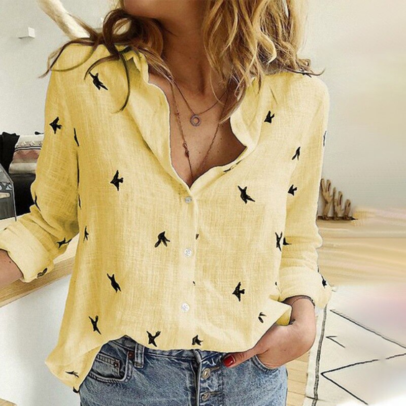 -Fall Outfits Long Sleeve Top  Women's Birds Print Shirts 35% Cotton Long Sleeve Female Tops  Spring Summer Loose Casual Office Ladies Shirt Plus Size 5XL