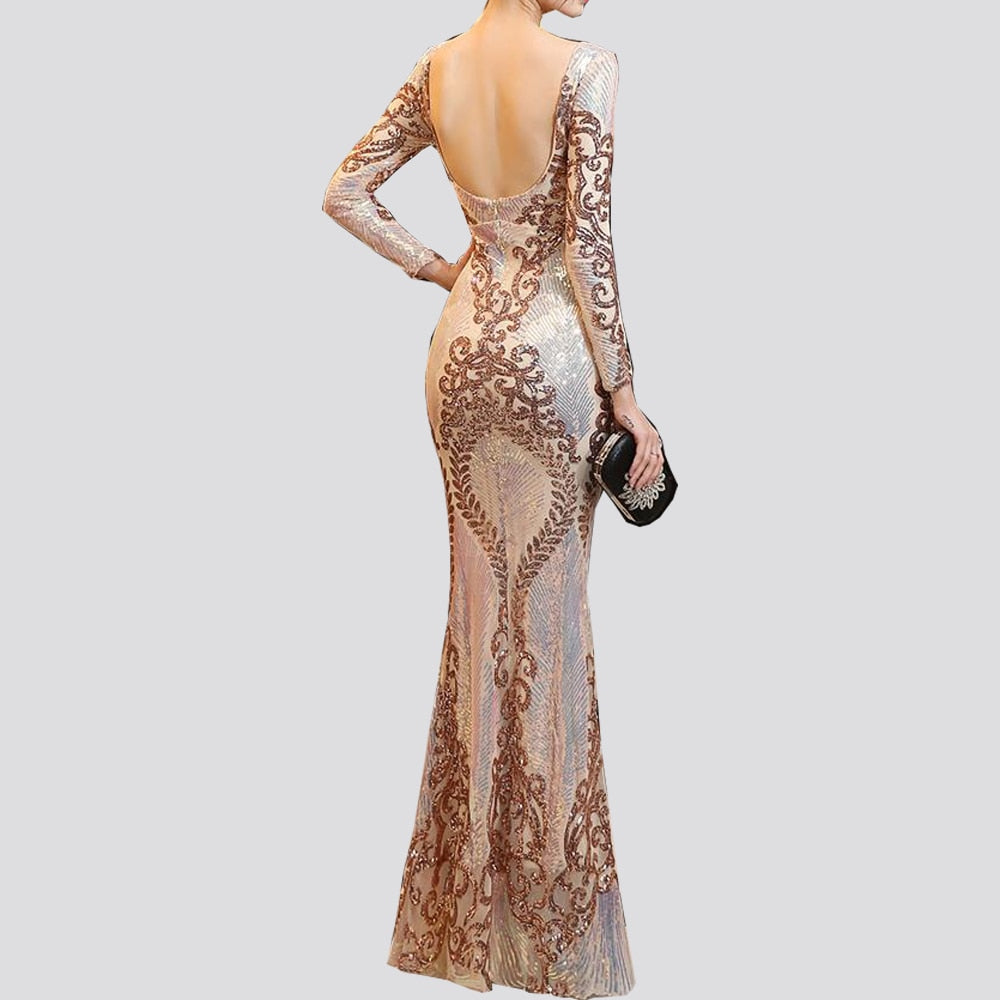 O-neck Long-Sleeve Shinning Sequins Evening Dresses Sexy Backless Mermaid Party Gowns Maxi Elegant Multi Female Robes Vestidos