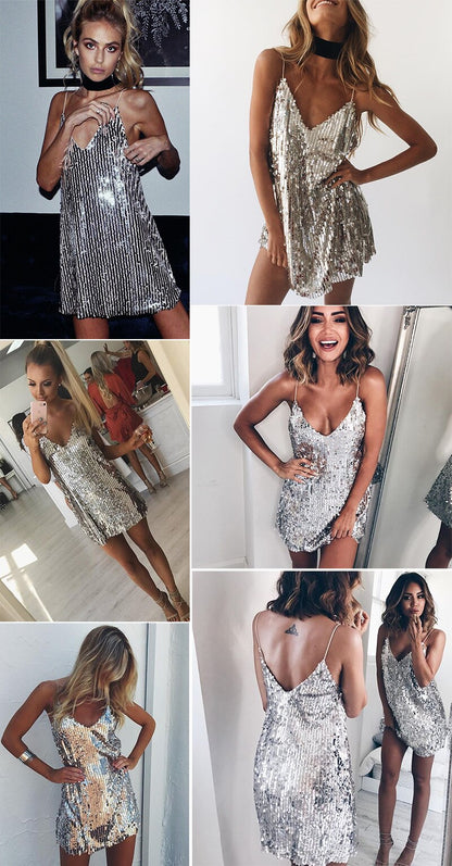 vmtvr Women's Summer Sundresses Sexy Club Party Prom Shiny Dress Backless Gold Sequin Mini Slip Short Skirt Fashion Girls Clothing