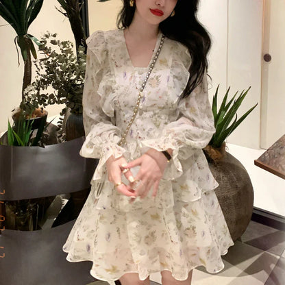 vmtvr Vintage Long Sleeve Fairy Dress Women Sweet Ruffle Elegant Princess FloralDress Female Autumn Slim Korean Party Mini Dress