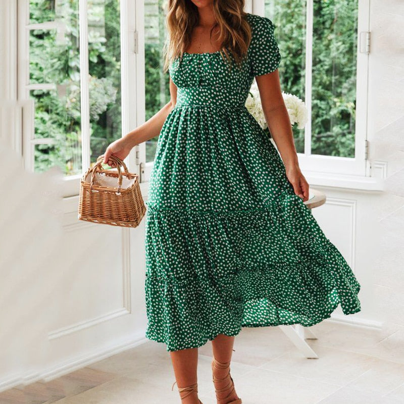 Vestidos Vintage Vintage Print Puff Sleeve summer Beach sweet dresses Casual Square collar floral maxi long dress  festa