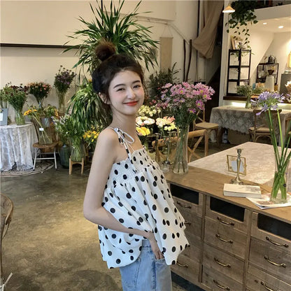 vmtvr Polka Dot Tanks Camis Women Summer Casual Folds Backless Design Korean Chic Tops Female French Chiffon Short Party Clothing