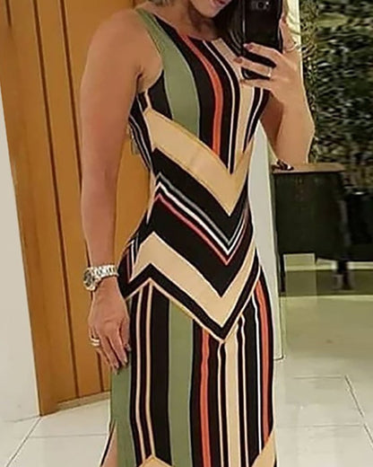 vmtvr - Colorful Striped Print Side Slit Maxi Dress Women Colorblock Sleeveless Slim Long Dresses