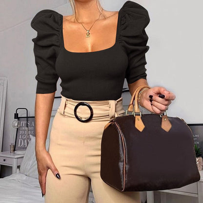 -Fall Outfits  Vintage Puff Sleeve Women Blouse Square Neck Korean Style Tops Elegant Sexy White Black Slim Crop Blouse Women