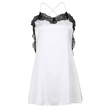 vmtvr - V Neck Lace Trim A-Line Satin White Dress Fashion Strap Mini Summer Dress Female  Backless Party Sexy Dresses Vestido