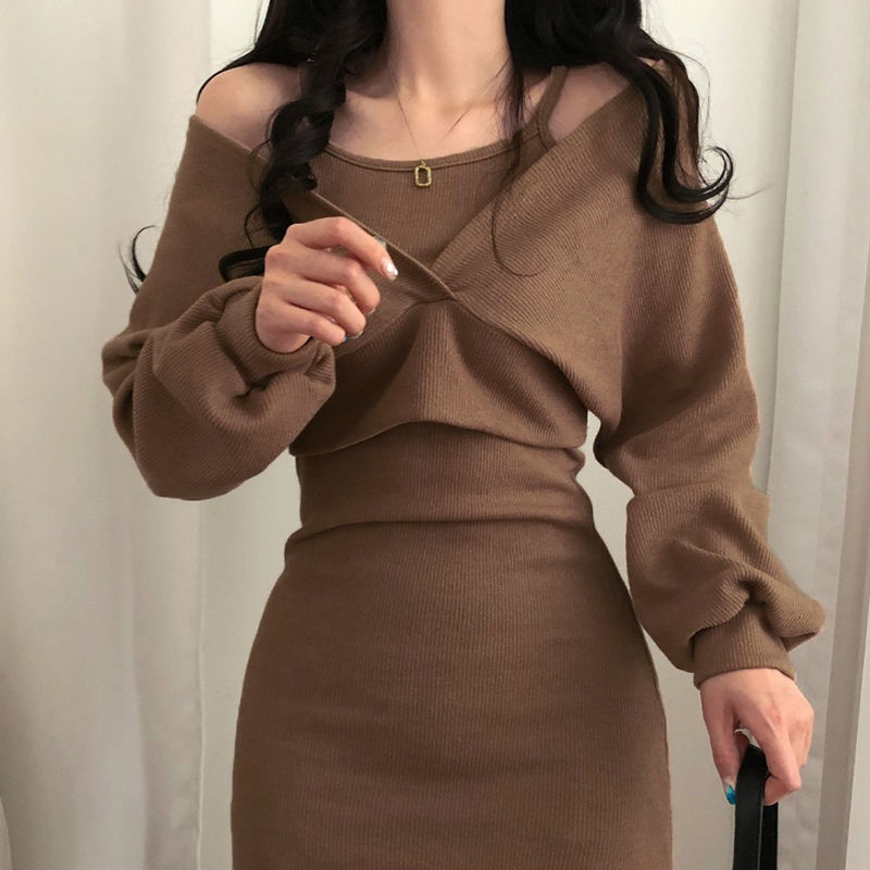 Sexy Solid Knitted Mini Dress Women Two Piece Set Skinny Dresses and Long Sleeve Knitted Cardigan Harajuku Dress Vestidos