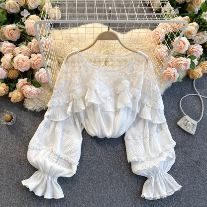 French Mesh Splice Blouse Women Elegant Solid Puff Sleeve Lace Ruffles Blouses Autumn Casual Loose Streetwear Tops