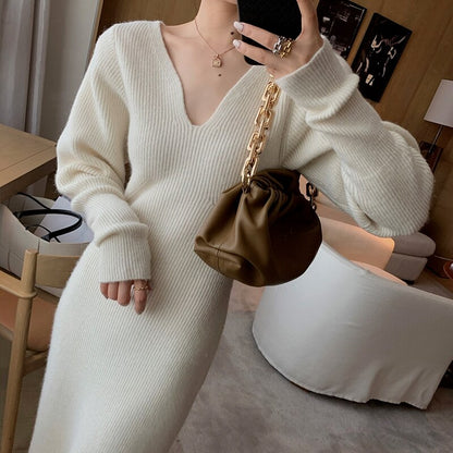 vmtvr - Elegant Long White Knitting Dress Women Winter V-Neck Long Sleeve Bodycon Dress Korean Office Lady High Waist Vintage Dress