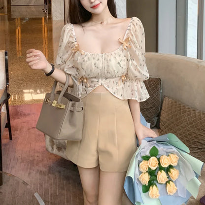 vmtvr Puff Sleeve Floral Chiffon Blouses Women Summer Short Korean Design Fairy Shirts Tops Casual Chic Evening Party Y2k Clothes