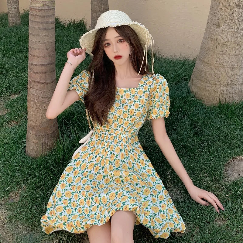 vmtvr Summer Vintage Floral Dress Women French Party Sweet Elegant Beach Casual Dress Korean Chic Princess Kawaii Holiday Dress