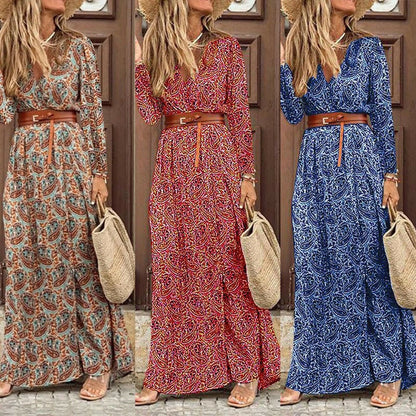 vmtvr Autumn Dress  Women New Fashionable Bohemian V-neck Floral Print Long Dress Female Short Sleeve Sexy High Split Maxi Dresses