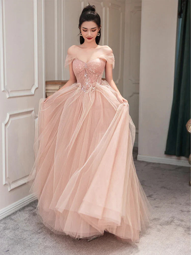 vmtvr  -  PINK TULLE LONG PROM DRESS PINK EVENING DRESS