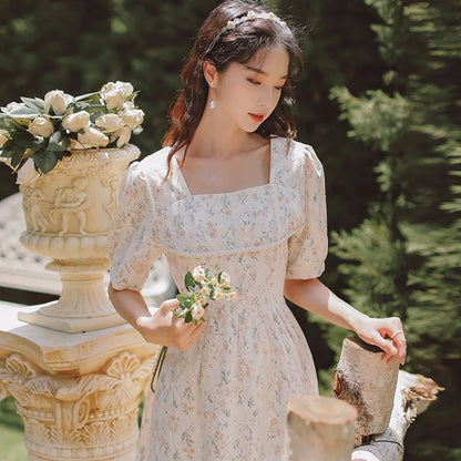 vmtvr French Puff Sleeve Fairy Dress Women Vintage Sweet Party Floral Long Dress Female Summer Chiffon Korean Bandage Dresses New