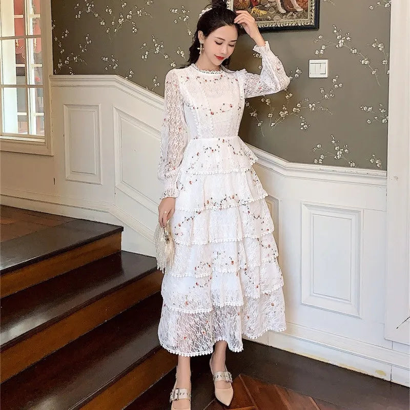 vmtvr Summer Lace Flower Embroidery Long Cake Dress Women A-Line Long Sleeve Six Layers Ruffles Dress Runway Elegant Party Dress