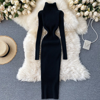 Sweater Dress Winter Turtleneck Warm Long Sleeve Knit Dress Korean Fashion Casual Solid Women Midi Bodycon Dress