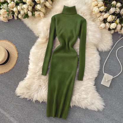 Sweater Dress Winter Turtleneck Warm Long Sleeve Knit Dress Korean Fashion Casual Solid Women Midi Bodycon Dress