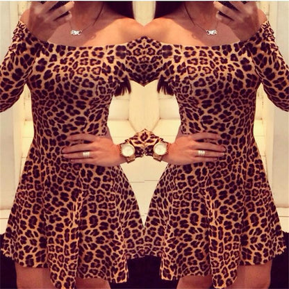 Women Leopard Dresses 2022 Summer Sexy Off Shoulder Bodycon Party Club Dress Leopard Long Sleeve Mini Women Dress Vestido