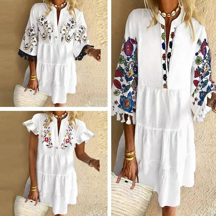 Plus Size 5XL Floral Print Boho Dress Women Tassle Sleeved White Mini A-Lline Dress Autumn New Sweet Bohemian Loose Dresses