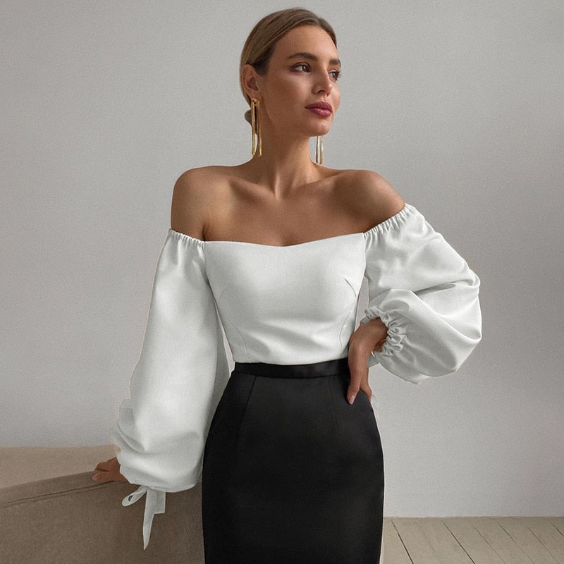 Lantern Sleeve Vintage Tops Sexy Off The Shoulder Street Blouse Elegant White Women's Blouse  Fashion Female Clothes Autumn