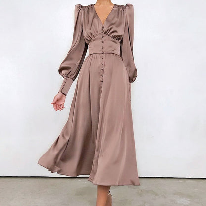 vmtvr - Beige Single Breasted Sexy Dress Party Clud High Waist Satin Long Dress Elegant V Neck Women Midi Dresses Lantern Sleeve