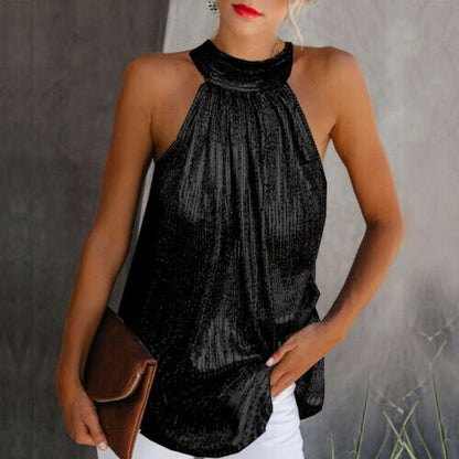 - Women Gold Blouse  New Fashion High Neck Sleeveless Hatler Tank Top Vest Summer Casual Loose Blouse Shirt Tee