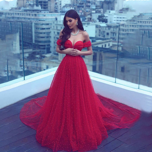 Long Prom A-line Off-the-shoulder Red Beading Prom Dresses Pearls Crystals Saudi Arabia Evening Gowns