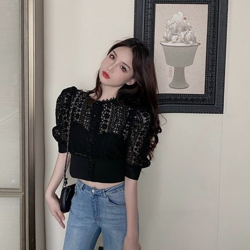 Summer Blouse Women Korean Hollow Out Lace White Women Shirt   New Short Sleeve Button Loose Shirts Solid Female Tops 13607