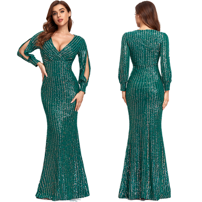 Sexy V-neck Mermaid Evening Dress Long Formal Prom Party Gown Full Sequins long Sleeve Galadress Vestidos Women Dresses 2023