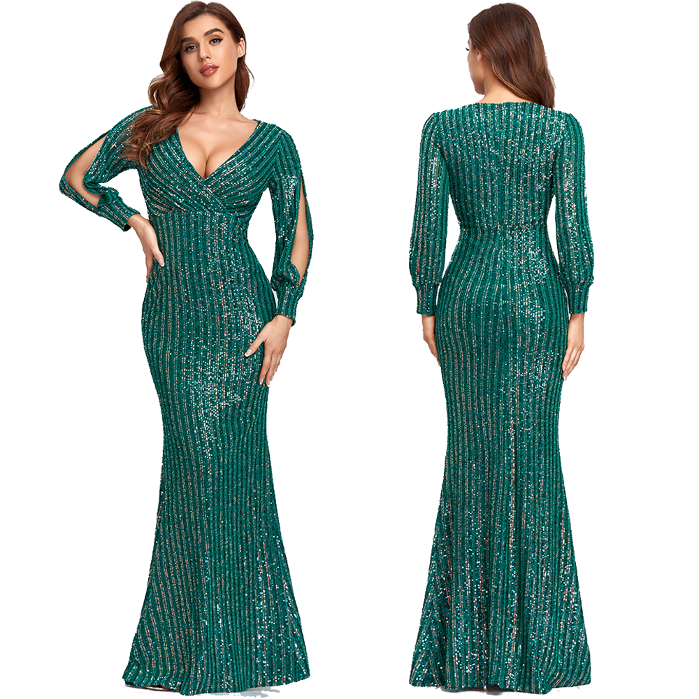 Sexy V-neck Mermaid Evening Dress Long Formal Prom Party Gown Full Sequins long Sleeve Galadress Vestidos Women Dresses 2023