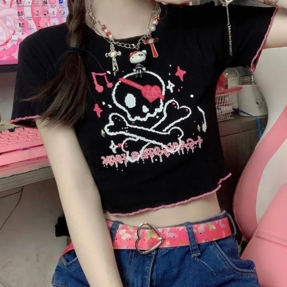 -Fall Outfits Skeleton Print Harajuku Female women t-shirts Kawaii Short Anime T Shirt HipHop Summer Women tee Streetwear crop Tops y2k