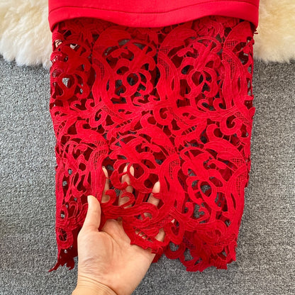 Sexy Hollow Out Lace Bodycon Long Dress Women Elegant Red/Pink/White Off Shoulder Patchwork Maxi Party Vestidos Autumn New