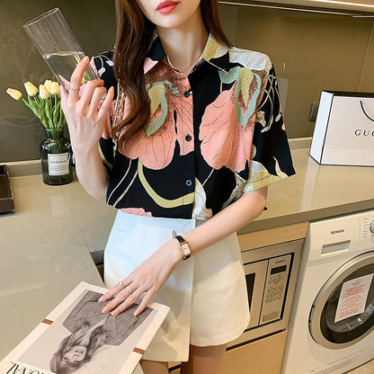 -Spring/Summer Shirt Women Korean Style Elegant Long-Sleeved Blouse Chiffon V-Neck Single-Breasted Office Ladies Fashion Clothing