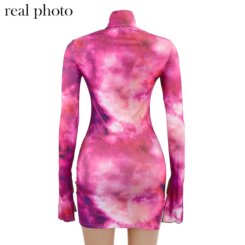 vmtvr Tie Dye Mock Neck Bodycon Dresses For Women Side Split Ribbed Long Sleeve Clubwear Midnight Outfit Party Mini Dress Hot