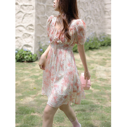 vmtvr - Chiffon Dress Women&#39;s Summer Temperament Square Collar Sweet A-line Midi Floral Pink Holiday Dresses MXA26L0197