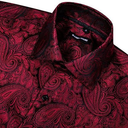 Luxury Red Paisley Silk Shirts Men Long Sleeve Casual Flower Shirts For Men Designer Fit Dress Shirt